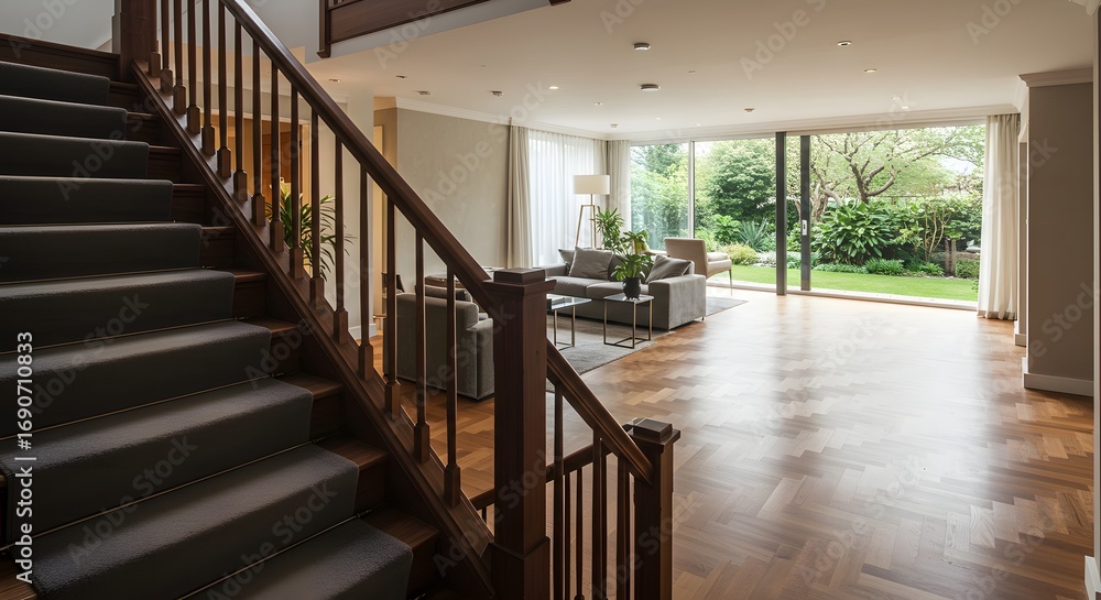 Obraz premium Modern Luxury Home Interior with Staircase, Living Room, and Garden View png clear alpha channel cutout isolated on transparent background