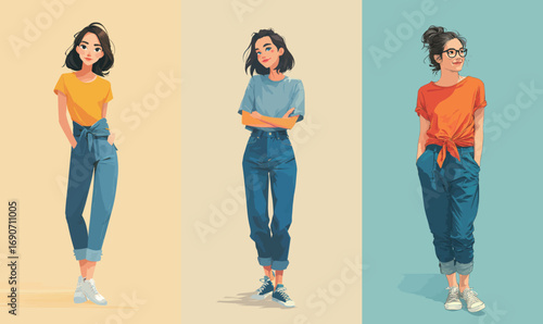 Three young women showcase trendy casual outfits featuring rolled-up jeans and various top colors. Each stands confidently against distinct pastel backgrounds, highlighting their individual styles.