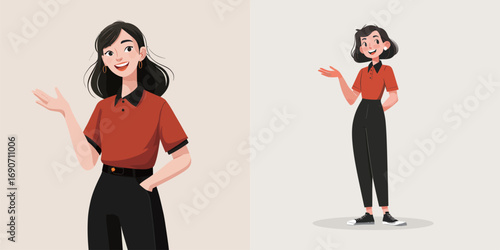 A young woman with dark hair smiles and gestures expressively while dressed in an orange top and black pants. She stands confidently, showcasing her friendly demeanor and stylish outfit.