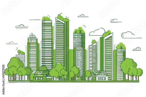 Tall buildings with greenery on rooftops create a vibrant urban skyline. Lush trees and shrubs enhance the eco-friendly atmosphere, promoting sustainable architecture in a city.