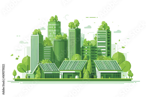 Modern cityscape showcasing high-rise buildings adorned with vegetation and solar panels. The design emphasizes sustainability and harmony between urban life and nature.