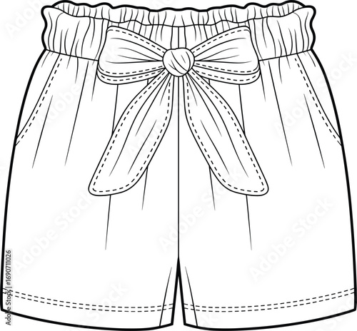 CAD drawing flat vector illustration of women’s shorts with bow tie waist, elastic waistband, casual design, summer fashion, comfortable clothing style
