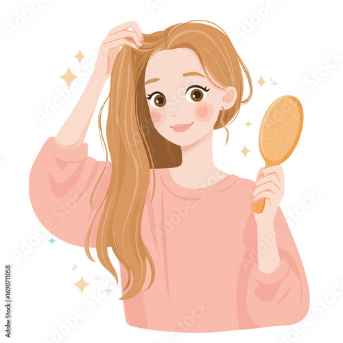 A young woman with long, straight hair smiles at the viewer while brushing her hair. She wears a cozy outfit and is surrounded by sparkles, creating a cheerful atmosphere.