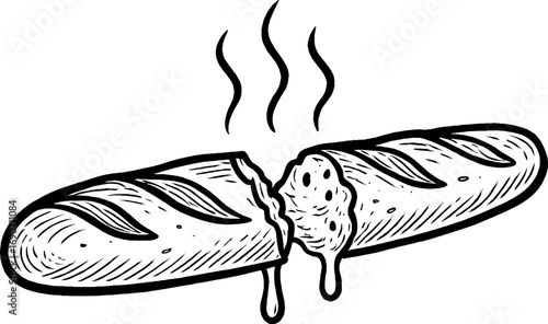 A black and white illustration of freshly baked bread with melted filling oozing out, ideal for bakery or food-related designs.