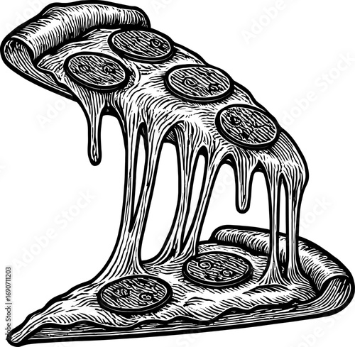 This black and white illustration depicts a pepperoni pizza slice with melting cheese, showcasing its toppings, crust, and sauce in a vintage style.