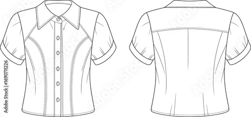 CAD drawing flat vector illustration of women’s short-sleeve buttoned shirt, front back views, tailored fit, fashion top, casual wear, garment design