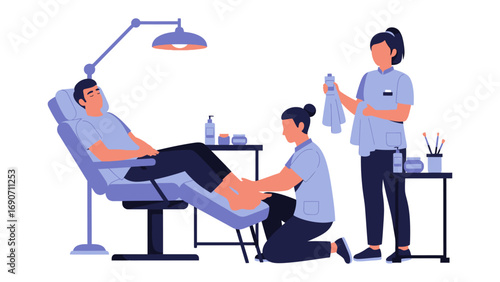 Professional spa technician meticulously performing a relaxing foot massage for a male client in a comfortable reclining chair promoting wellness and self care