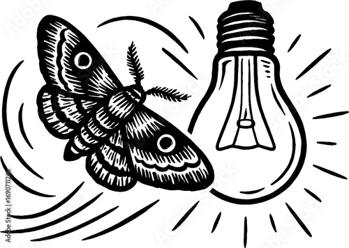A high-contrast monochrome illustration features a moth drawn to a light bulb, showcasing a vintage design. This vector drawing is isolated and emphasizes the moth's patterned wings.