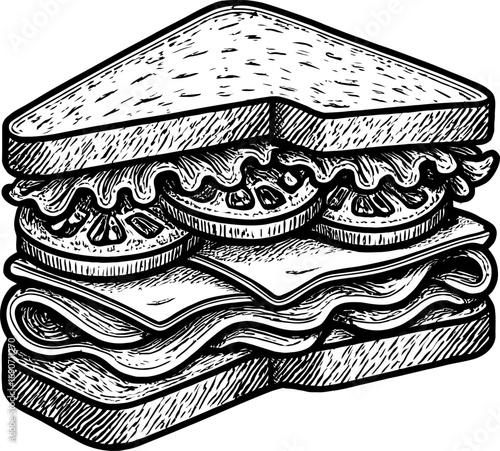 Detailed monochrome illustration of a sandwich with bread, lettuce, tomato and cheese. Vector graphic with fine line art and vintage style.