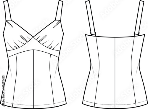 CAD drawing flat vector illustration of women's camisole top with adjustable straps, sweetheart neckline, fitted bodice, seam details, front and back view