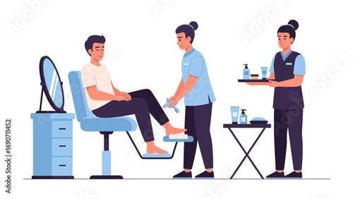 Professional barber giving a pedicure to a male client in a modern salon setting with tools and products