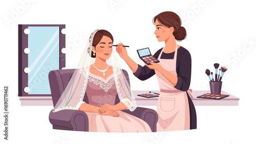 Professional makeup artist applying wedding makeup to a bride in a beauty salon with a mirror and makeup brushes