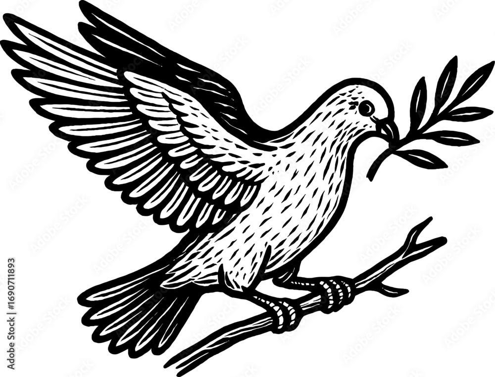 Obraz premium A monochrome illustration of a dove in flight, clutching an olive branch. The bird is perched on a branch, symbolizing peace and hope with simple artwork.