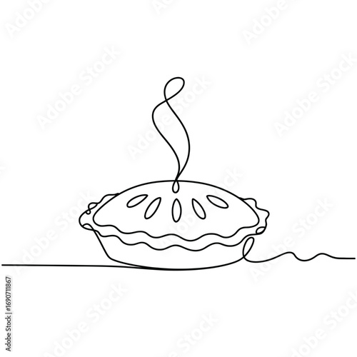 Simple line art drawing of a steaming hot apple pie