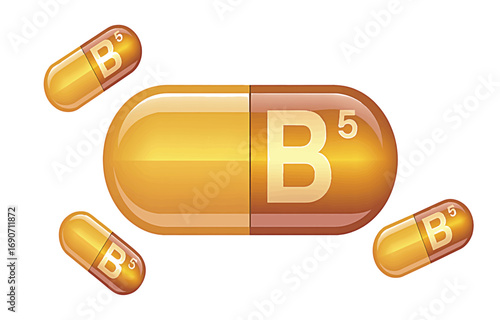 Vector illustration of golden yellow Vitamin B complex capsules B4, B5, and B6 for health supplements