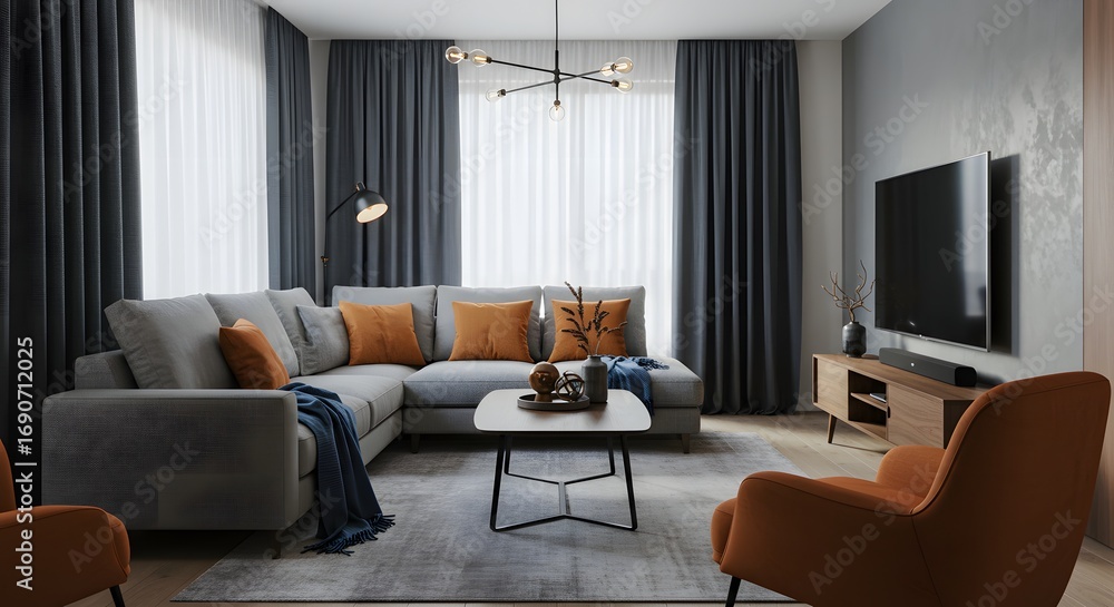 Fototapeta premium Modern Living Room Interior with Gray Sectional Sofa and Orange Accent Chair png clear alpha channel cutout isolated on transparent background