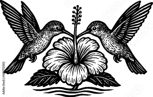 A monochrome, engraving-style illustration featuring two hummingbirds symmetrically flanking a hibiscus flower, presented over a wavy line art element representing water.