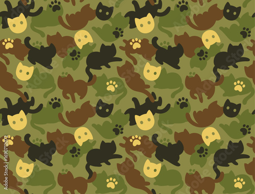 Cute cartoon cat silhouette camouflage pattern. Cats in different poses, paw prints and faces, forest green camo colors. Tileable vector illustration.