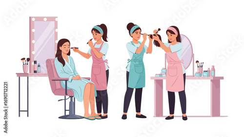 Two women applying makeup to each other in a beauty salon setting with mirrors and cosmetic products displayed
