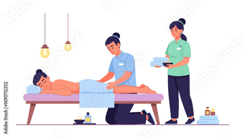 Relaxing spa scene with two therapists providing a full body massage to a woman lying on a massage table