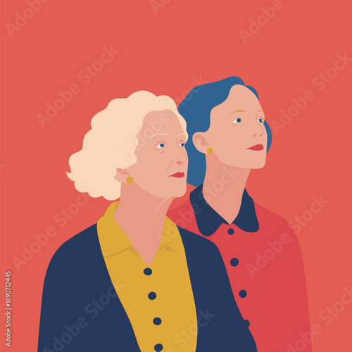 Two women, one with blonde curly hair and the other with blue straight hair, stand confidently next to each other against a vibrant background. Their expressions convey curiosity and strength.