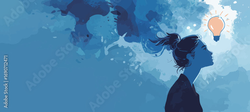 Silhouette of a woman thinking deeply, with a glowing light bulb hovering above her head, surrounded by blue abstract background. This captures the essence of creativity and inspiration.