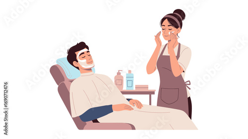 Skilled beautician applying facial treatment to a relaxed man sitting in a comfortable chair at a salon