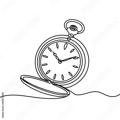 Minimalist line art drawing of an open pocket watch