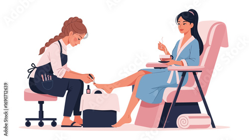 Professional pedicure service client relaxing in comfortable chair receiving foot treatment from skilled nail technician