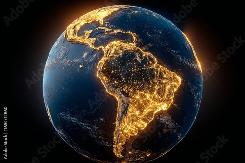 A view of South America from space during sunrise reveals the continent's diverse landscapes, with notable eco and urban areas