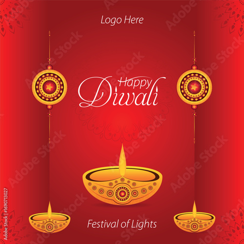 Beautiful diwali greeting card with shiny diya oil lamp background