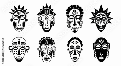 Collection of African Tribal Masks in Black and White.