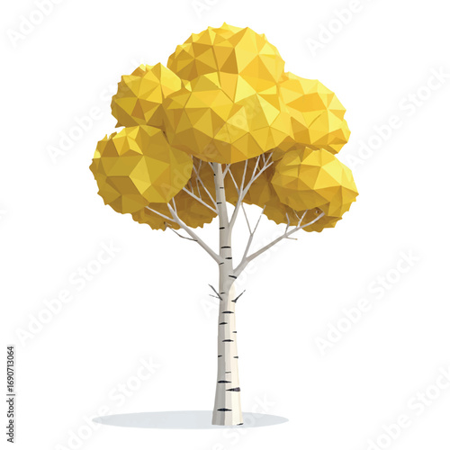 Low-poly gold birch tree, autumnal style, isolated on black background, vibrant, cheerful mood, digital illustration.