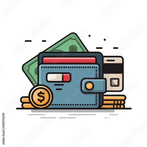 A wallet filled with credit cards and cash sits on a table with stacks of coins nearby. This arrangement symbolizes personal finance and the importance of budgeting in daily life.