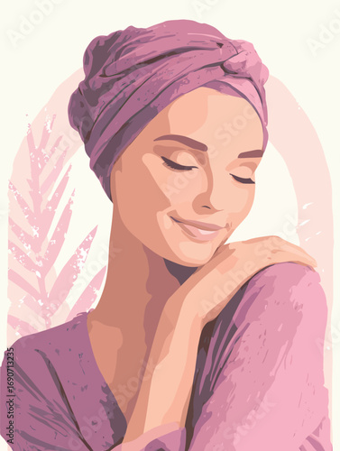 A woman with a pink headscarf smiles gently while embracing a calm atmosphere. Her expression radiates tranquility and contentment in a beautifully designed environment.