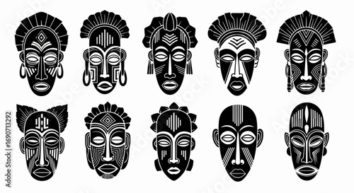 Collection of African Tribal Masks in Black and White.