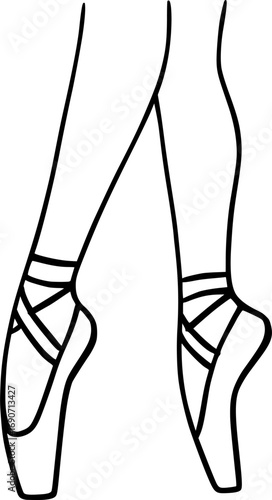 Black and white minimalist drawing of ballerina’s shoes and legs en pointe. Vector illustration for ballet, dance practice, choreography, posters, and modern creative projects