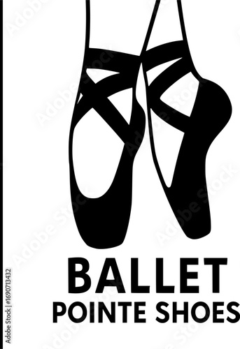 Black and white simple vector of ballet pointe shoes, elegant minimal poster. Minimalist illustration for ballet, dance, choreography, performance, and modern creative projects