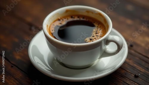 Dark espresso shot in tiny white cup, isolated , cup, drink