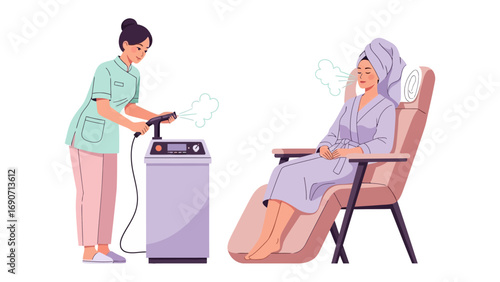 Young woman in spa robe and towel receiving facial treatment from therapist with equipment