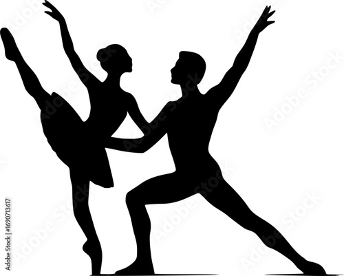 Silhouette of a ballet couple performing a duet, black and white minimal art. Vector illustration for dance, performance, choreography, posters, and modern creative projects