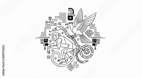 Monkey, Snake, and Bird in Ancient Aztec Style Illustration.