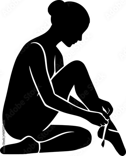 Simple vector of a ballet dancer sitting with tied pointe shoes, minimal design. Minimalist illustration for ballet, dance practice, choreography, posters, and modern creative projects