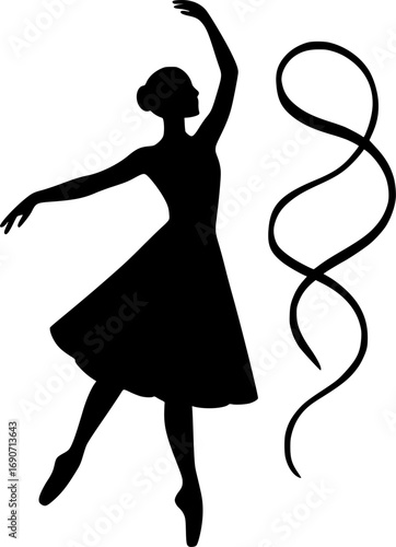 Silhouette of a ballet dancer with ribbon accessory in minimalist design. Vector illustration for dance, artistic performance, poster design, and modern creative projects