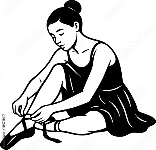 Simple vector of a ballet dancer tying pointe shoe ribbons in monochrome style. Minimalist artwork for dance, elegance, performance, poster design, and modern creative projects