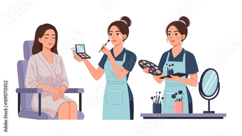 Professional makeup artist applying cosmetic products to a client in a beauty salon with another artist preparing makeup tools and accessories