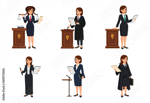 Female lawyer in courtroom, professional attorney at podium, judge with legal documents, justice system illustration, courtroom scene, law practice