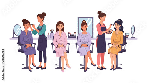 Two professional makeup artists applying cosmetics to clients in a brightly lit beauty salon with mirrors and styling stations