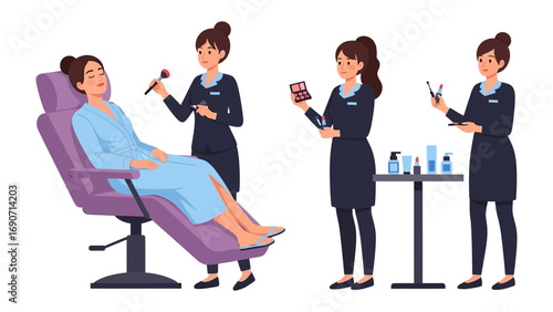 Professional makeup artists applying cosmetics to a smiling woman in a salon chair with beauty products and tools displayed on a table