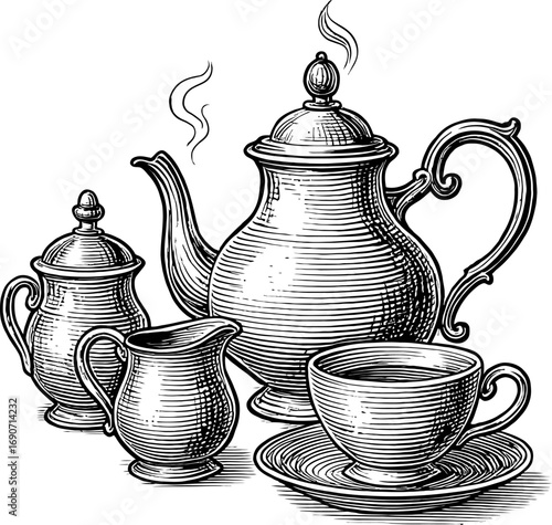 Vintage style tea service illustration featuring a teapot cup with saucer creamer and sugar bowl. The black and white engraving style adds a classic touch to this still life composition.